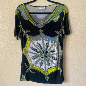 Emilio Pucci Cowl Neck Patterned Blouse Size M/L Black Yellow Blue Chic Stretch